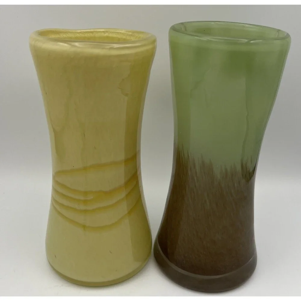 Pair of Green & Brown & Yellow Swirled Modern Art Glass Hour Glass Vases 6